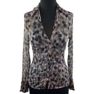 GIGUE Silk Blouse Beige Nude Brown Tone Polka Dot Button Down Blouse 38